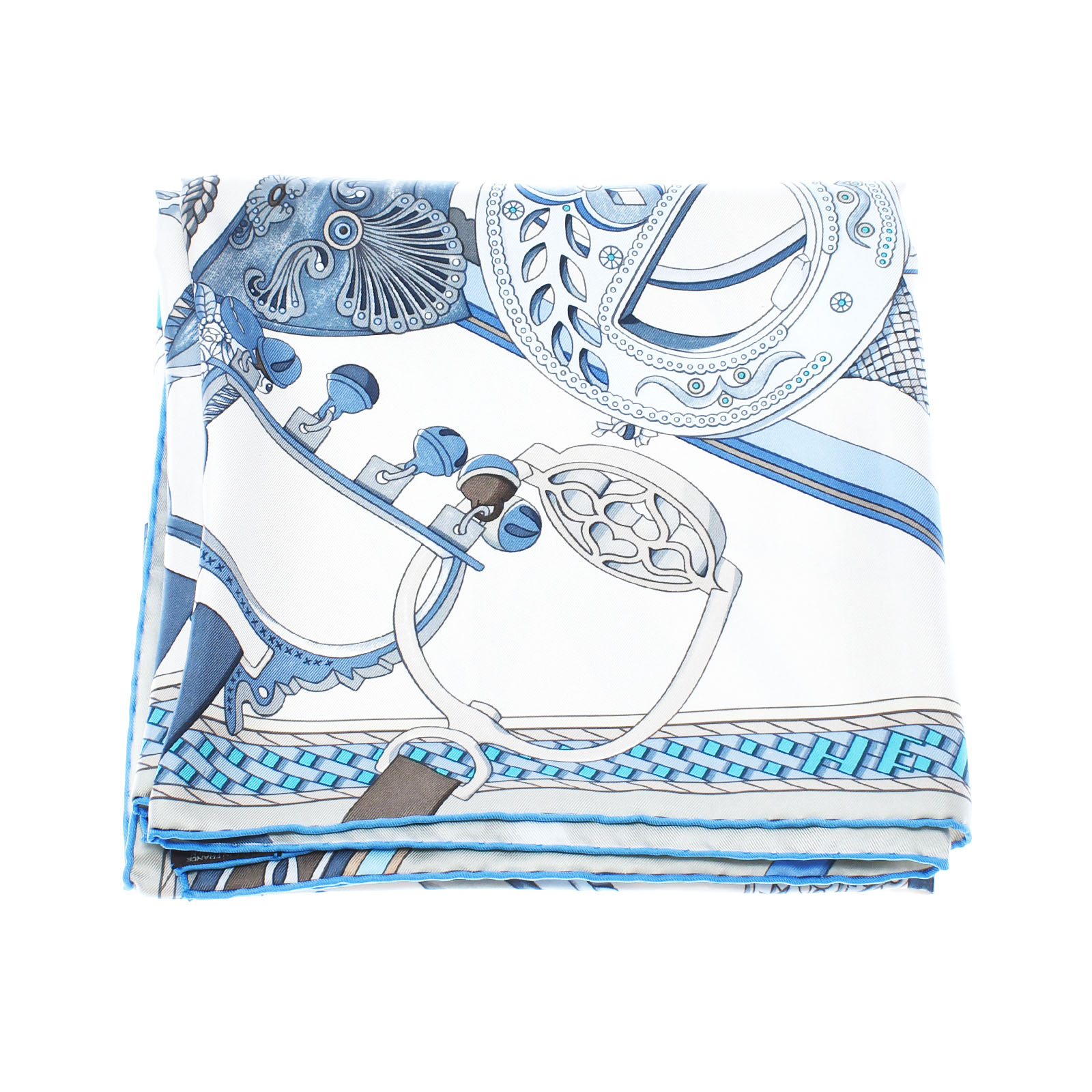 カレ90 Concours d etriers ホワイト/ブルー シルク100％ HERMES エルメス レディース 【未使用品】: 財布