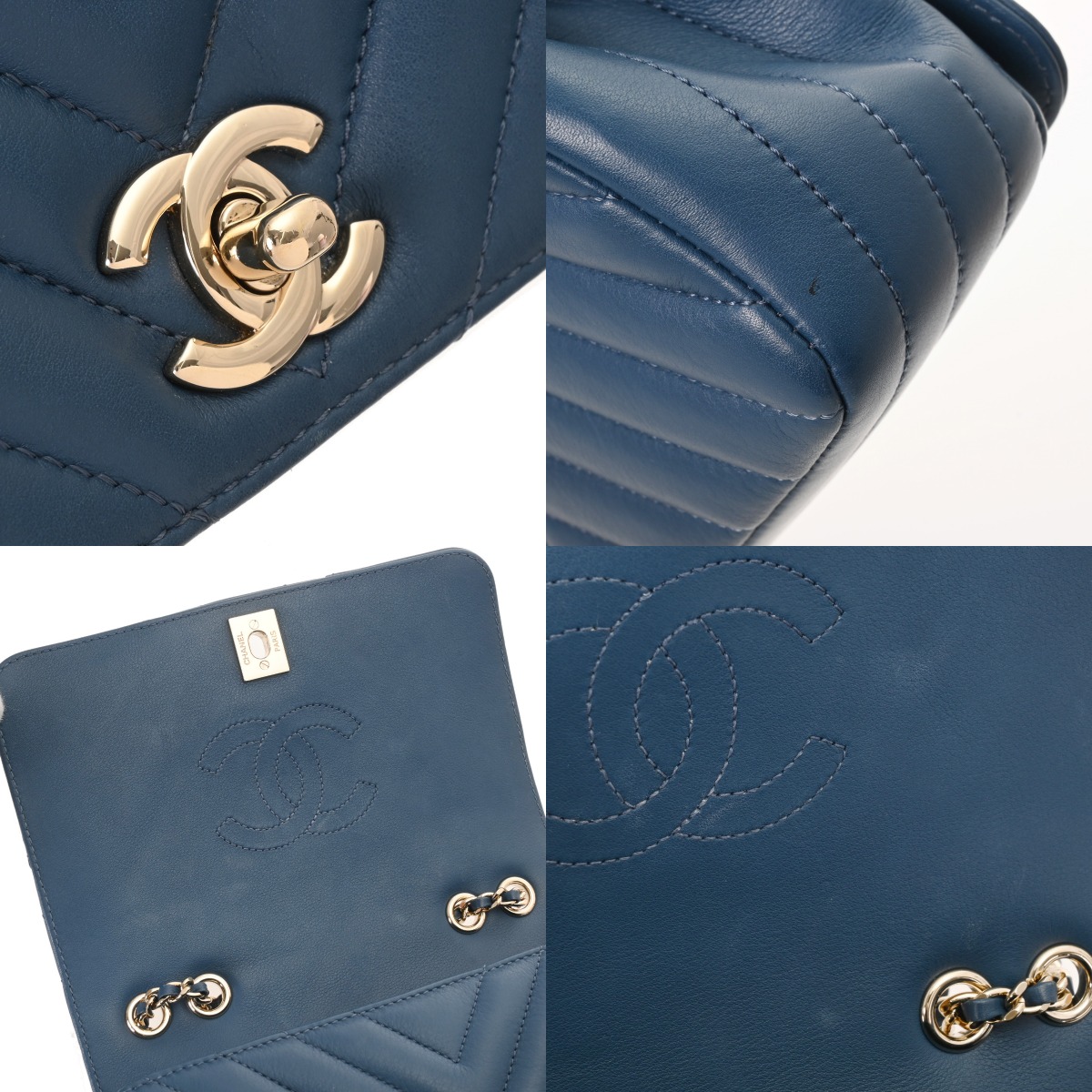 シャネルのバック シャネル Vステッチ チェーンショルダー 20cm ブルー ラムスキン