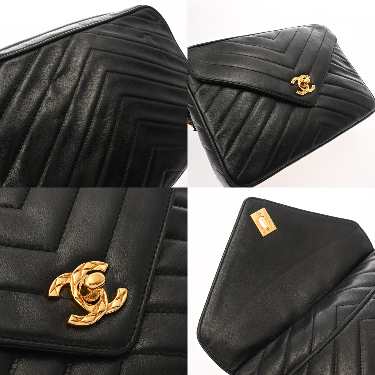 シャネル フリンジチェーンショルダー シェブロン ブラック ラムスキン