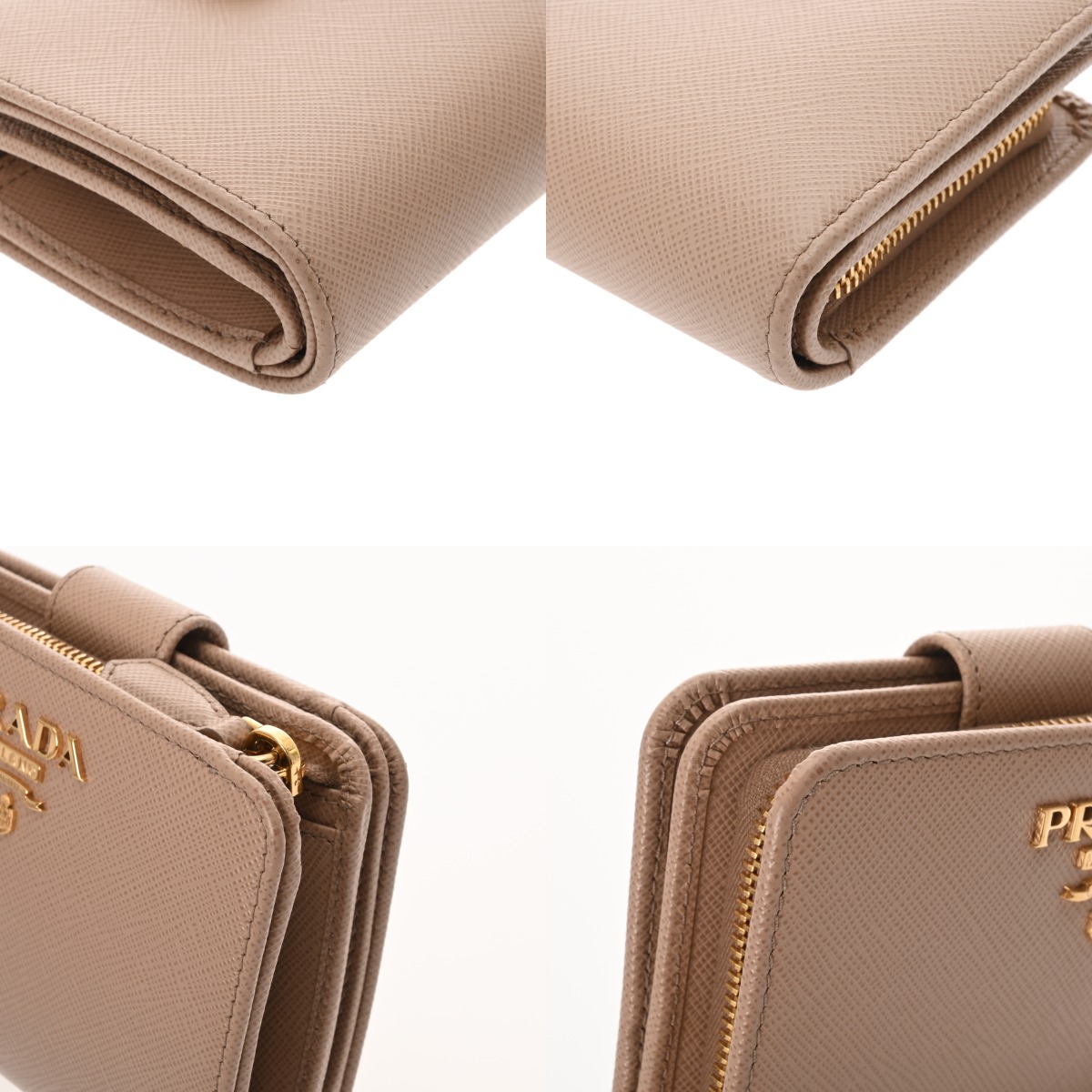 【美品】PRADA サフィアーノレザー 二つ折り財布 1ML018 ベージュ プラダ 二つ折り財布 レディース サフィアーノ トライアングル