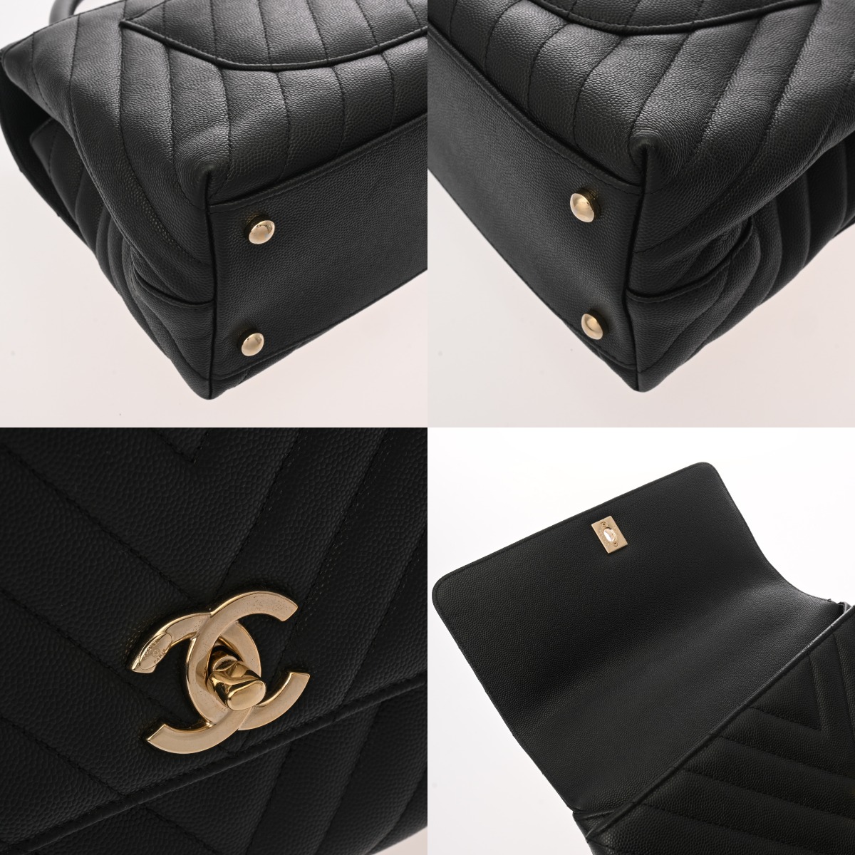 シャネル Vステッチ ココハンドル S ブラック A92991 キャビアスキン