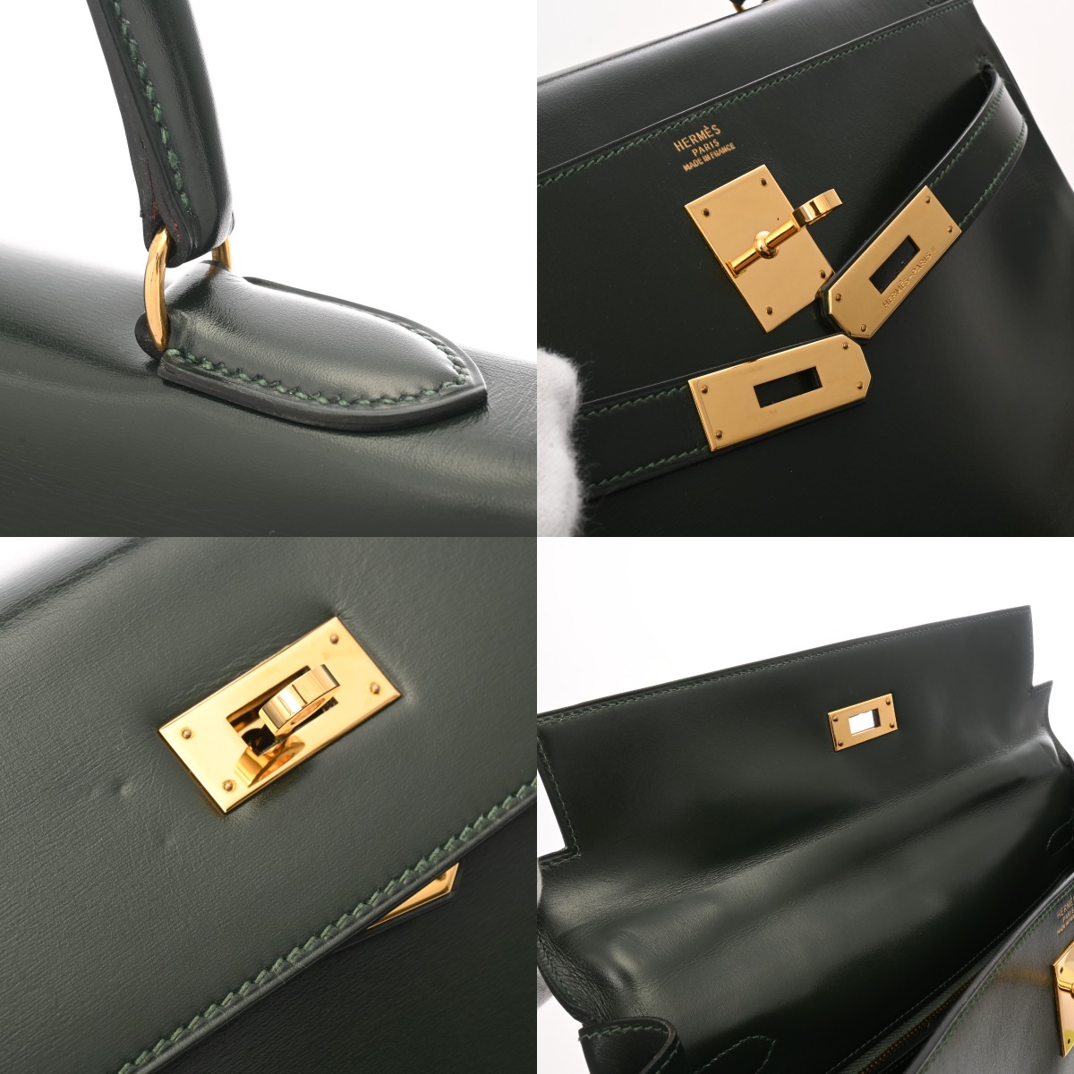 エルメス ケリー32 内縫い グリーン ボックスカーフ レディース バッグ