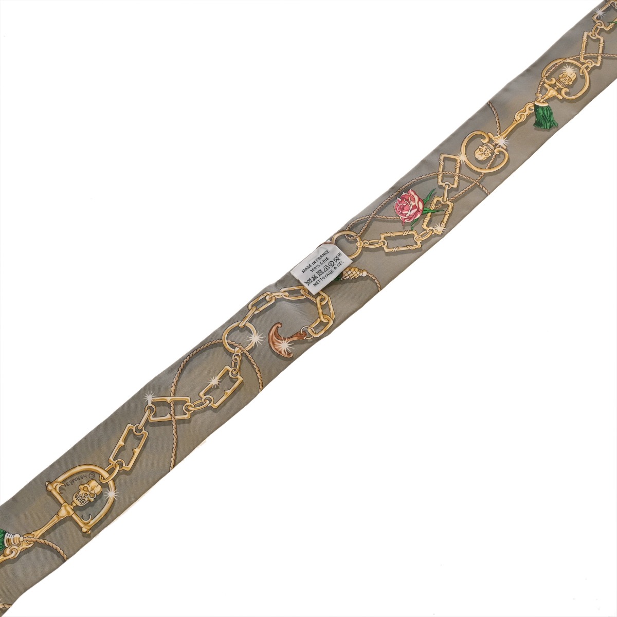 【美品】HERMES ツイリー　ミルクティー・ベージュ系 Twilly 《ブリッド・ドゥ・ガラ・アン・フルール&アイライナー