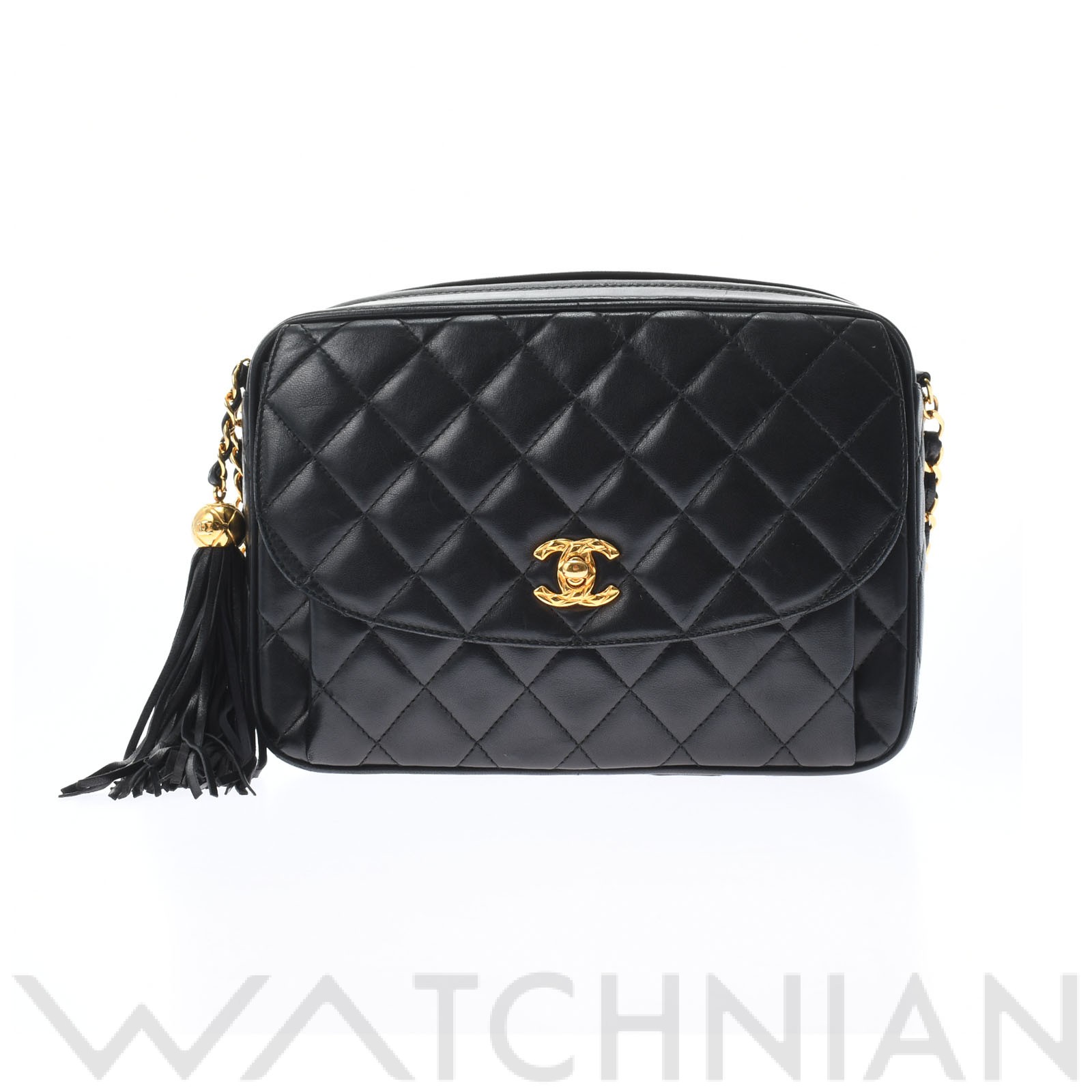 フリンジチェーンショルダー 黒/ゴールド金具 ラムスキン CHANEL シャネル レディース 【中古】