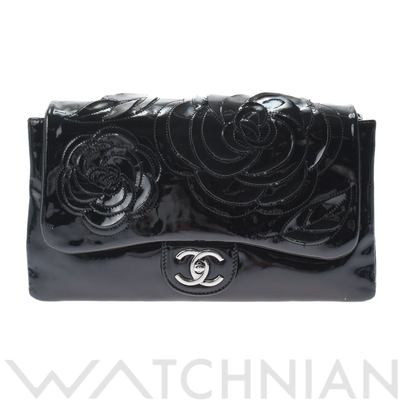 チェーンショルダー 黒/シルバー金具 パテント CHANEL シャネル レディース 【中古】