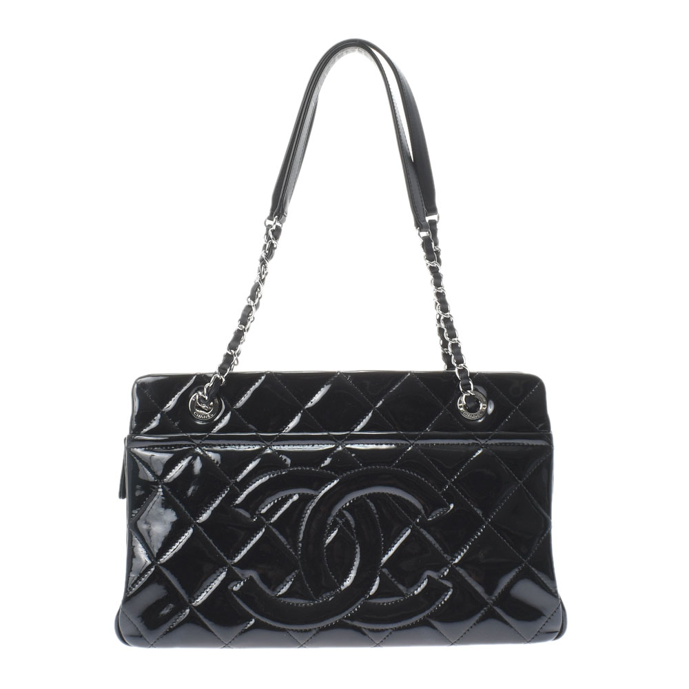 マトラッセ チェーントート 黒/シルバー金具 パテント CHANEL シャネル レディース 【中古】