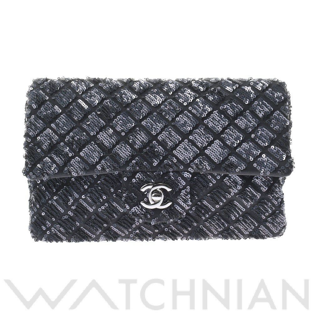 シングルフラップチェーンショルダー 黒/シルバー金具 スパンコール/サテン CHANEL シャネル レディース 【中古】