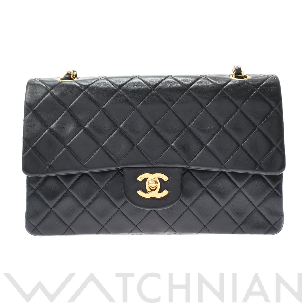 マトラッセ Wフラップチェーンショルダー25 ブラック/ゴールド金具 A01112 ラムスキン CHANEL シャネル レディース 【中古】