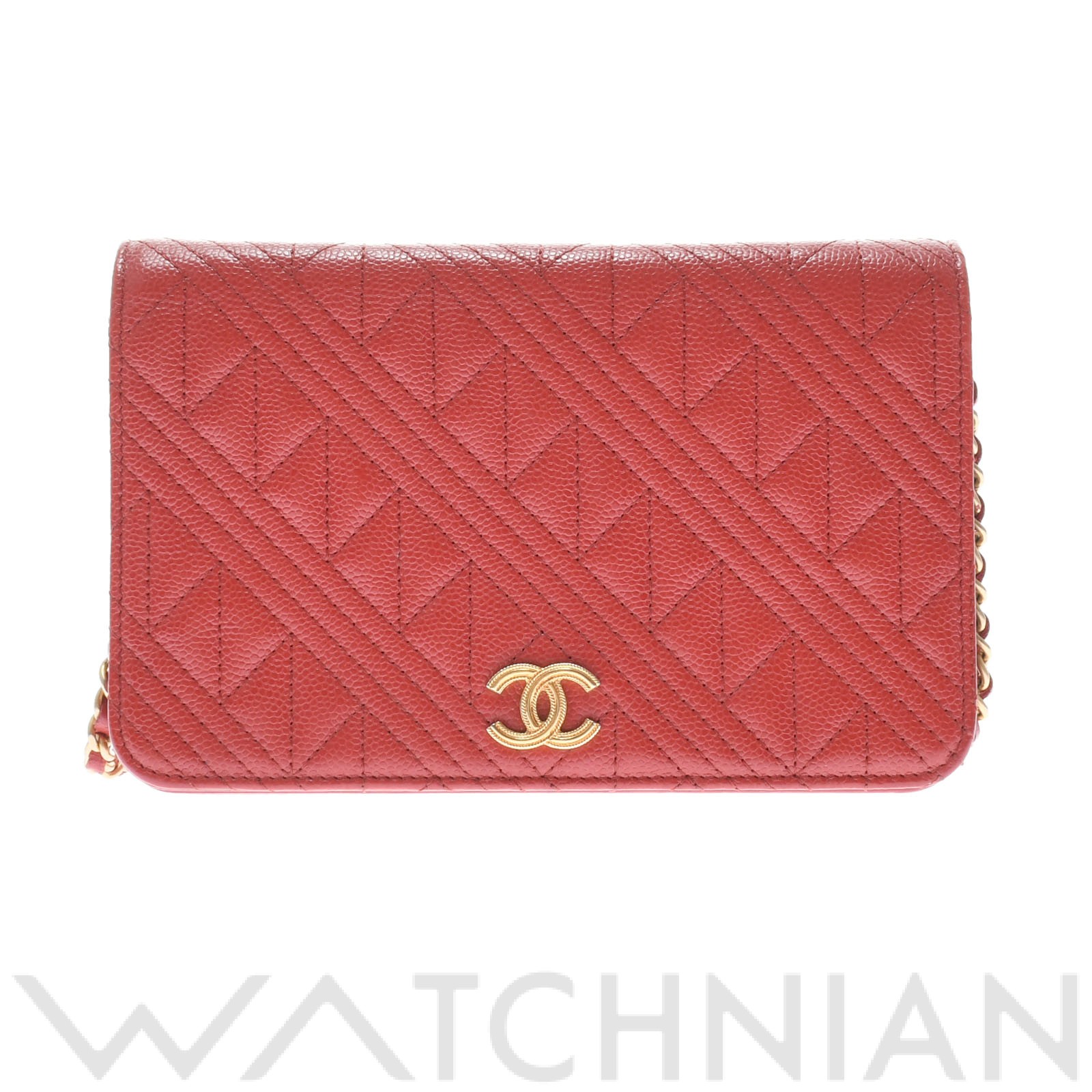 チェーンウォレット レッド/ゴールド金具 キャビアスキン CHANEL シャネル レディース 【中古】