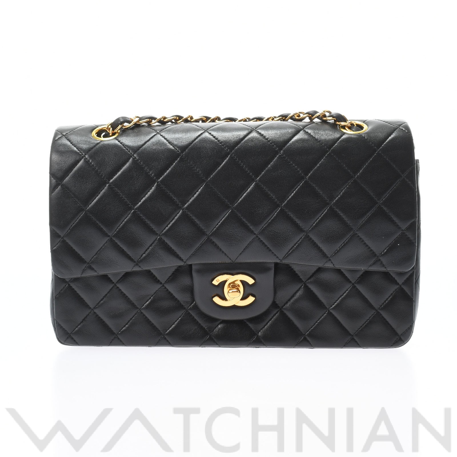 マトラッセ WフラップWチェーンショルダー25 ブラック/ゴールド金具 A01112 ラムスキン CHANEL シャネル レディース 【中古】