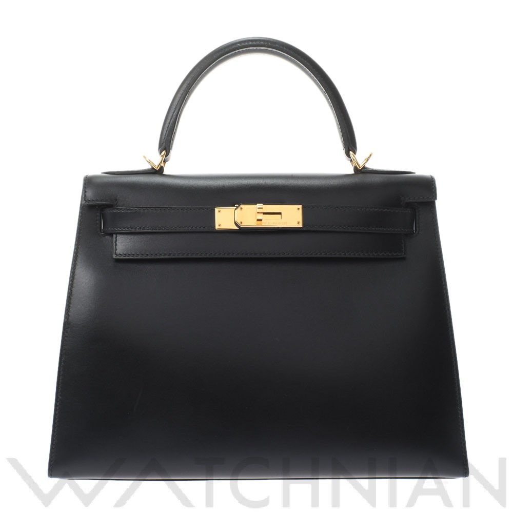 ケリー28 外縫い ブラック/ゴールド金具 ボックスカーフ HERMES エルメス レディース 【中古】