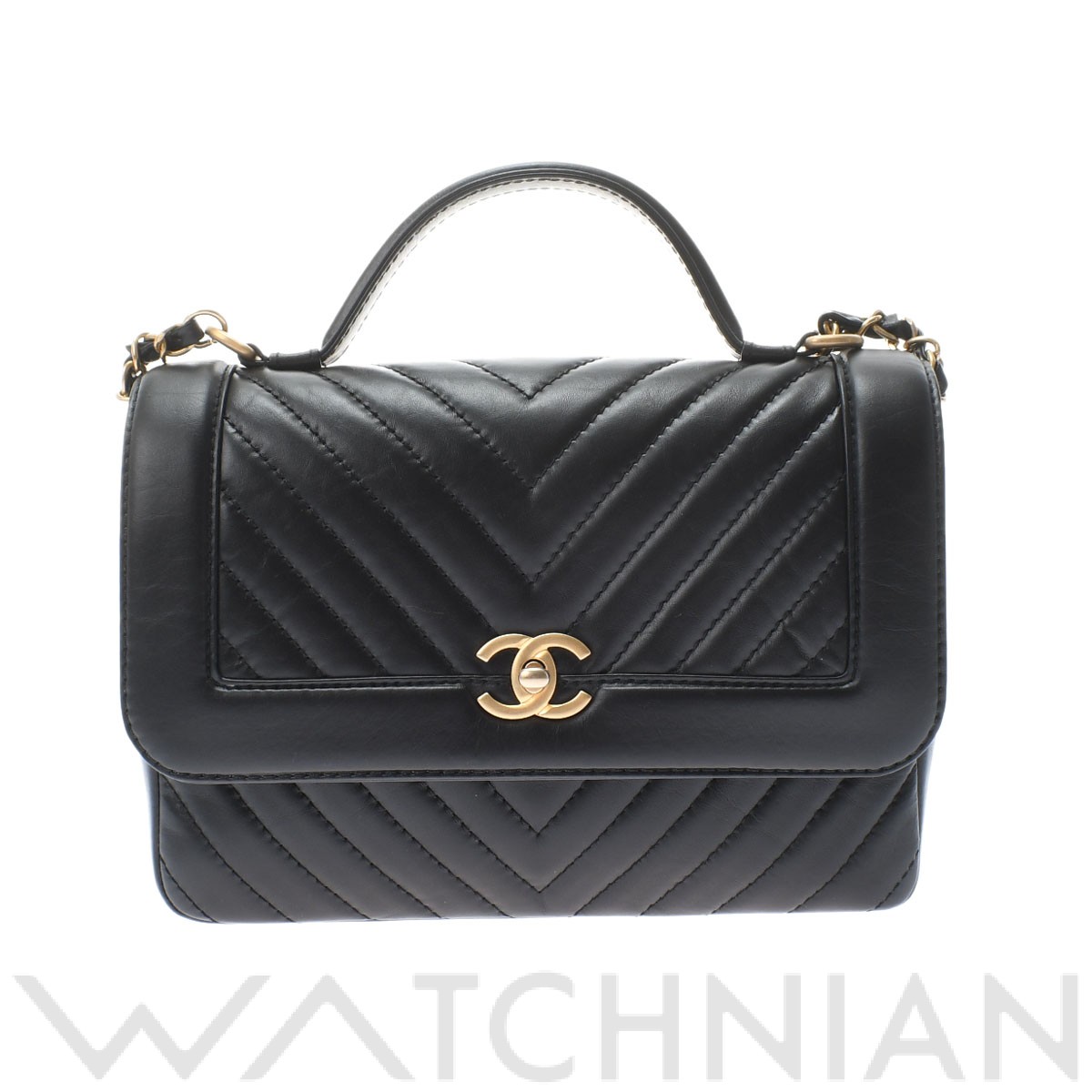 Vステッチ トップハンドル フラップバッグ ブラック/ゴールド金具 A57213 ヴィンテージカーフスキン CHANEL シャネル レディース  【中古】: ブランドバッグ｜WATCHNIAN(ウォッチニアン)公式通販/旧一風騎士