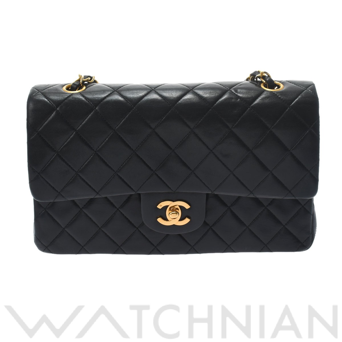 マトラッセ Wフラップチェーンショルダー 25 ブラック/ゴールド金具 A01112 ラムスキン CHANEL シャネル レディース 【中古】