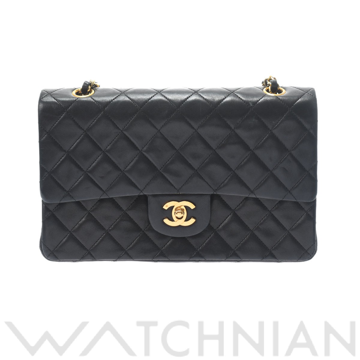 マトラッセ Wフラップチェーンショルダー 25 ブラック/ゴールド金具 A01112 ラムスキン CHANEL シャネル レディース 【中古】