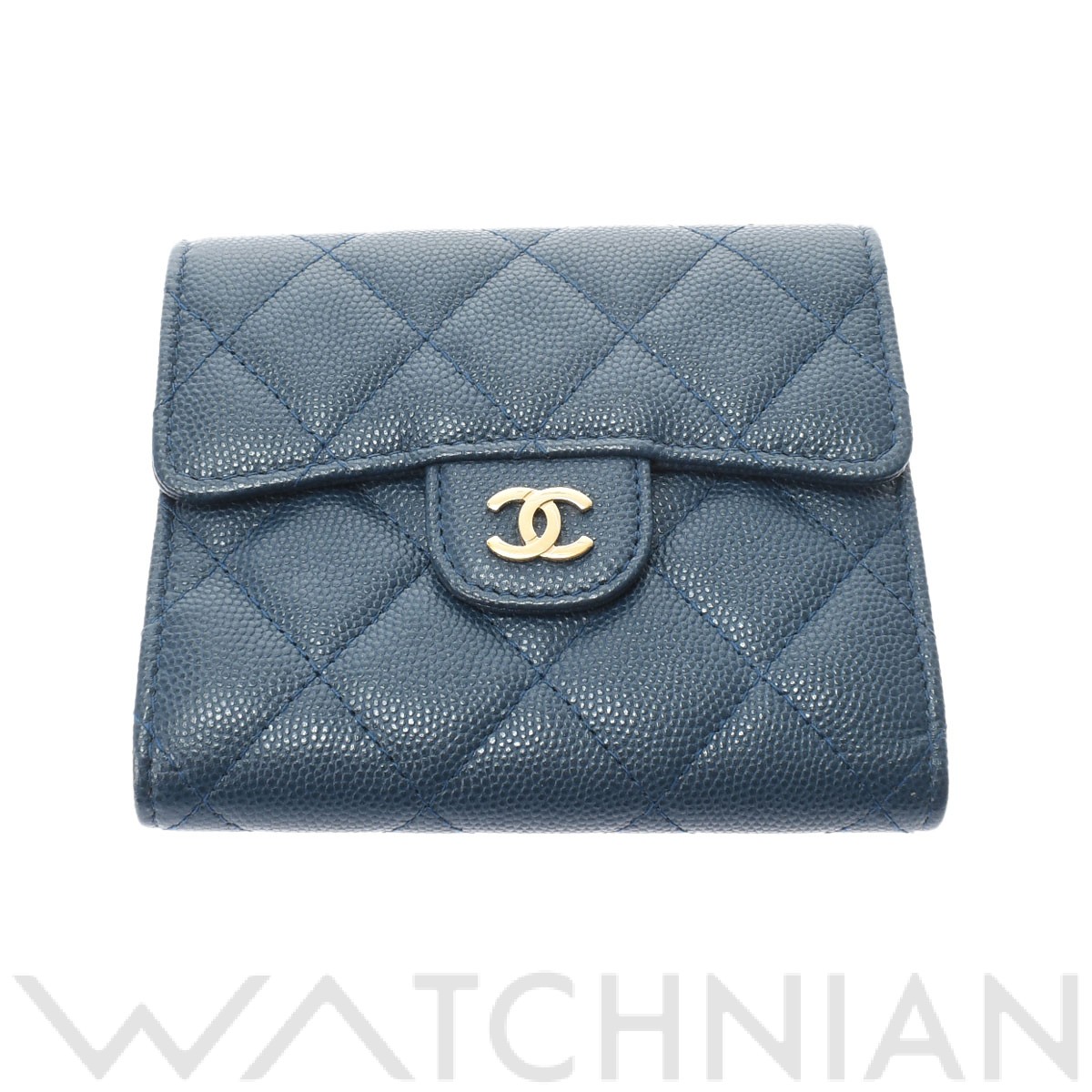 マトラッセ クラシックスモールフラップウォレット ブルー/ゴールド金具 AP0231 グレインドシャイニーカーフスキン CHANEL シャネル  レディース 【中古】