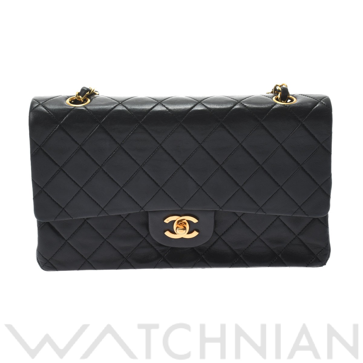 マトラッセ Wフラップ Wチェーン チェーンショルダー 25 ブラック/ゴールド金具 A01112 ラムスキン CHANEL シャネル レディース 【中古】