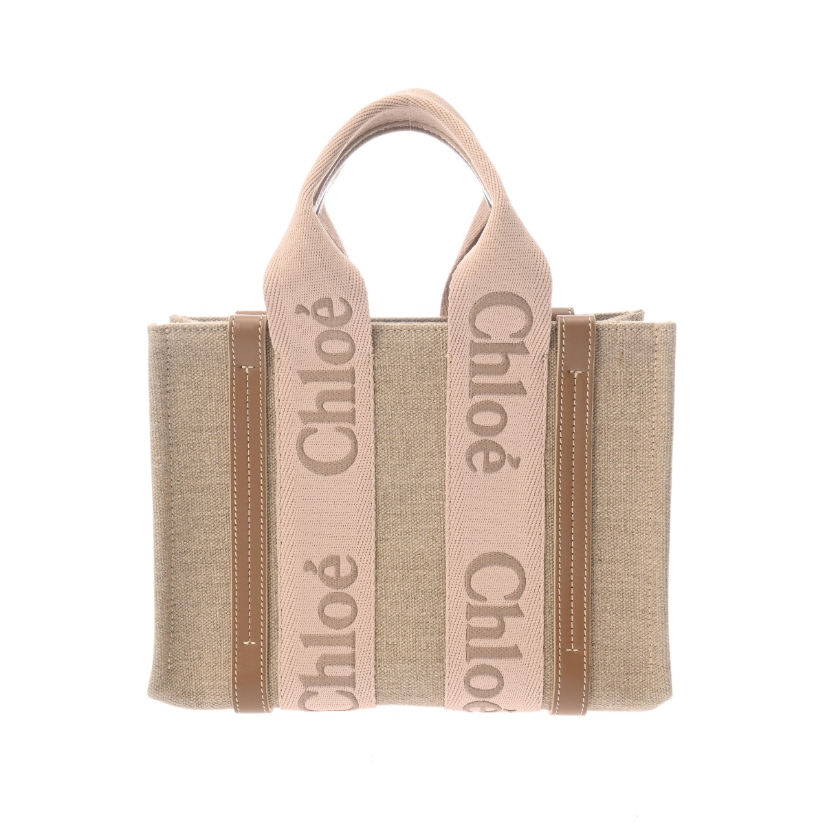 【美品】クロエ　リネン製WOODYスモールトートバッグBlushy Beige リネン製Woodyトートバッグ White - Brown - Chloé