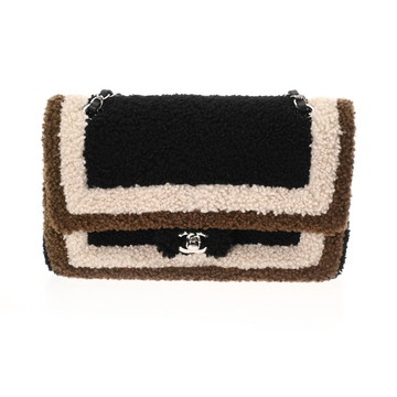 シャネル マトラッセ チェーンショルダー 25cm Wフラップ ブラック/ホワイト/カーキ ウール レディース バッグ 【bag】