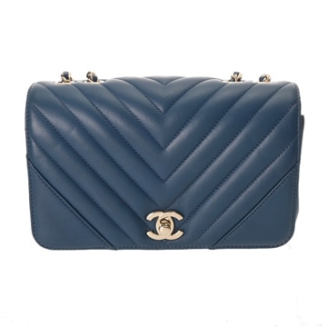 シャネル Vステッチ チェーンショルダー 20cm ブルー ラムスキン レディース バッグ 【bag】