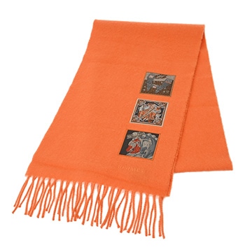 エルメス カシミヤマフラー バッジソワ オレンジ カシミヤ100％ レディース 【other】