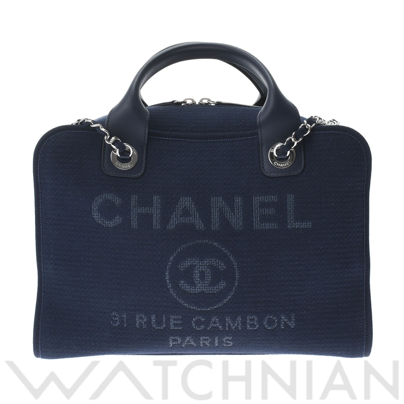 シャネル ドーヴィル ボウリングバッグ 2WAYチェーンショルダー ネイビー/シルバー金具 A92750 キャンバス/レザー レディース バッグ 【中古】【bag】