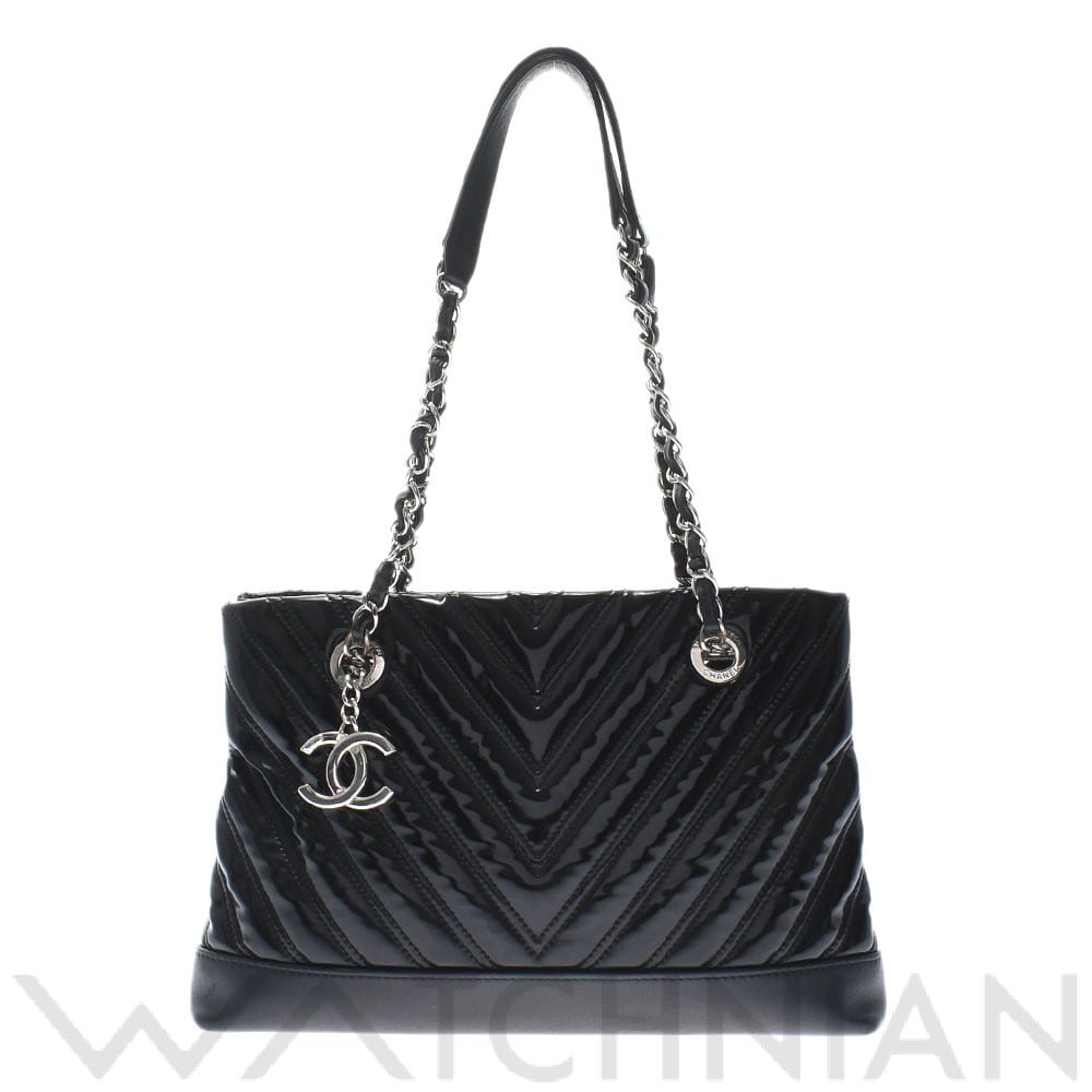 シャネル シェブロン チェーントート 黒 A93052 パテント/カーフ レディース バッグ 【中古】【bag】