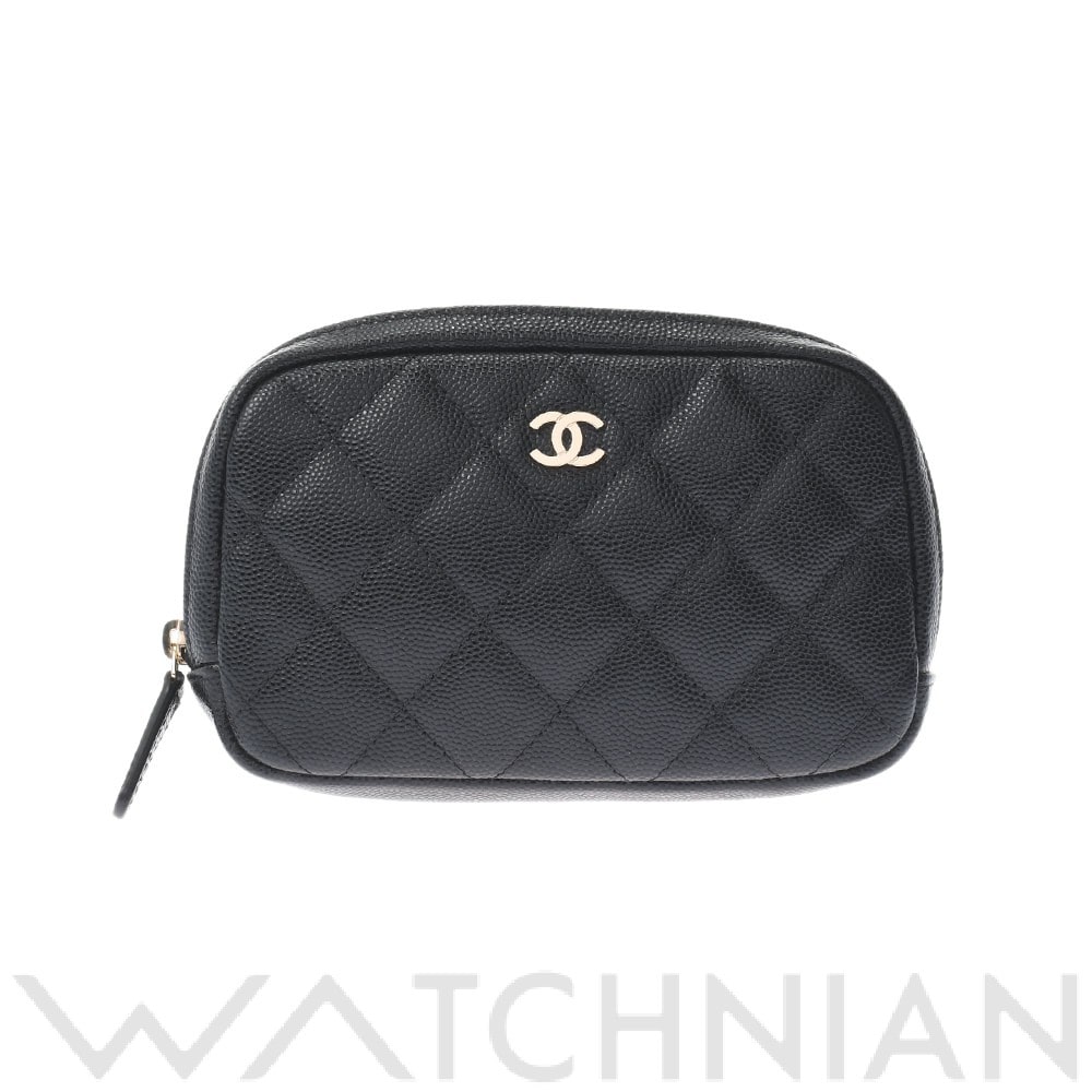 コスメポーチ ブラック/シルバー金具 A80909 キャビアスキン CHANEL 