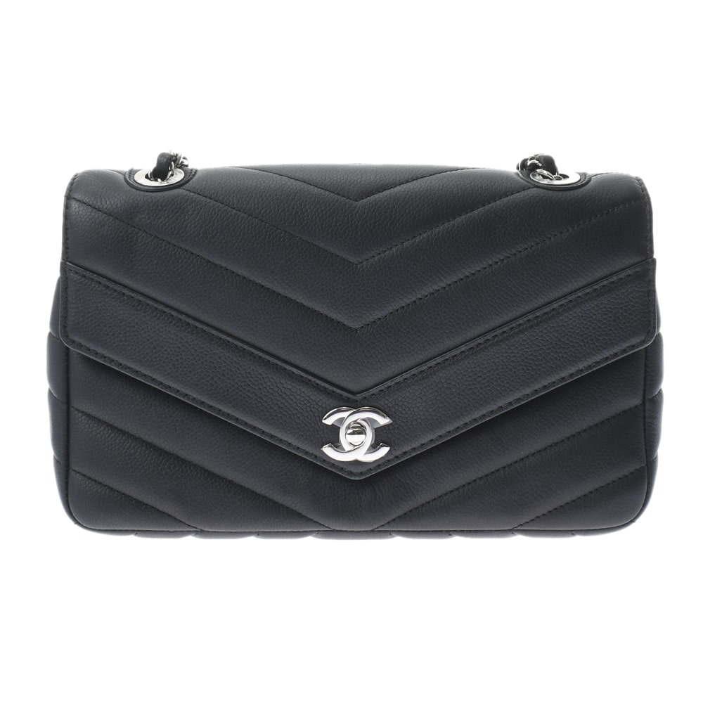 シェブロン シングルフラップチェーンショルダー ブラック/シルバー金具 グレインドカーフ CHANEL シャネル レディース 【中古】
