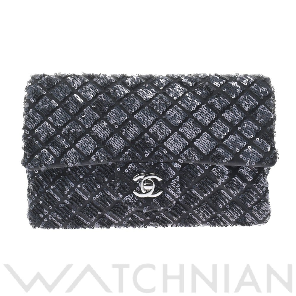 シングルフラップチェーンショルダー 黒/シルバー金具 スパンコール/サテン CHANEL シャネル レディース 【中古】
