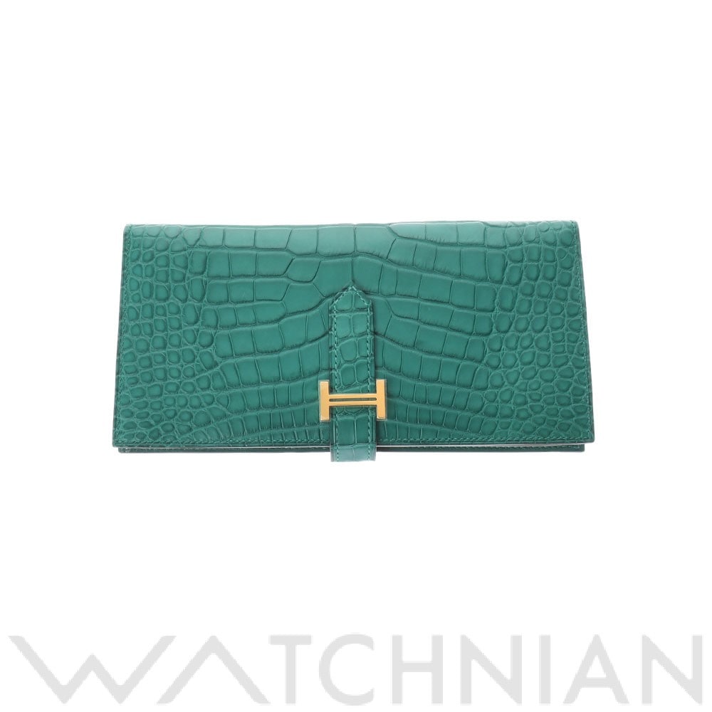 エルメス ベアンスフレ マラカイト/ゴールド金具 アリゲーターマット レディース 財布 【新品】【purse】