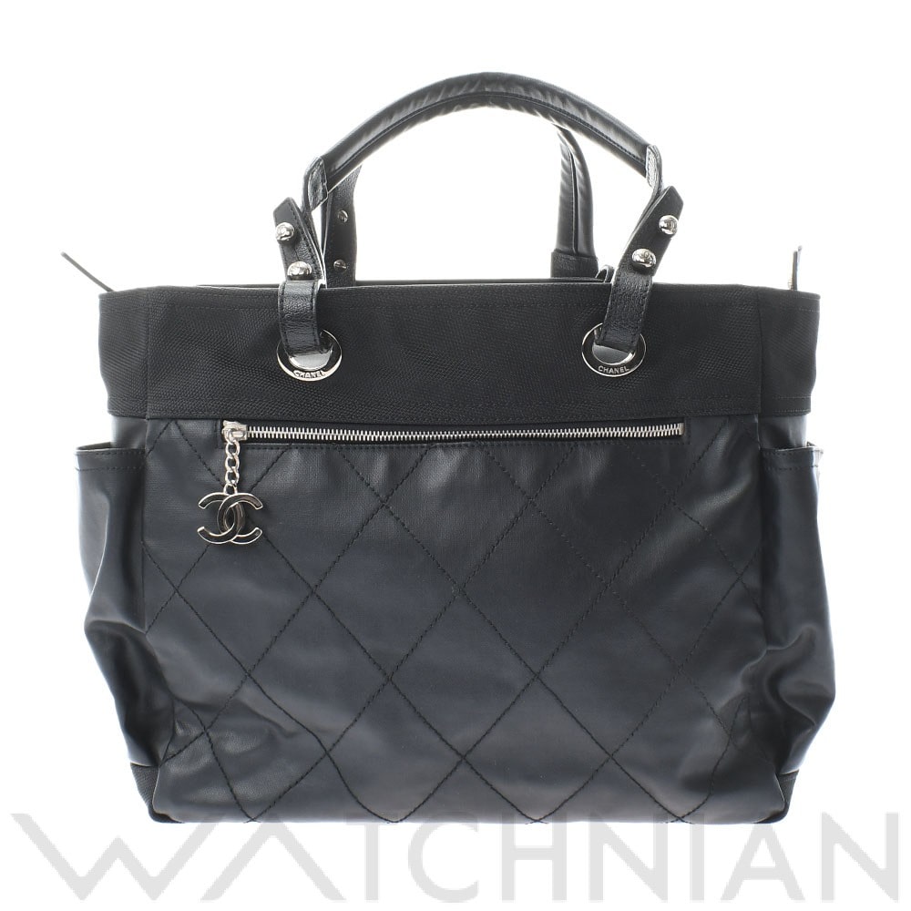 シャネル パリビアリッツトートGM ブラック/シルバー金具 A34210 コーティングキャンバス レディース バッグ 【中古】【bag】
