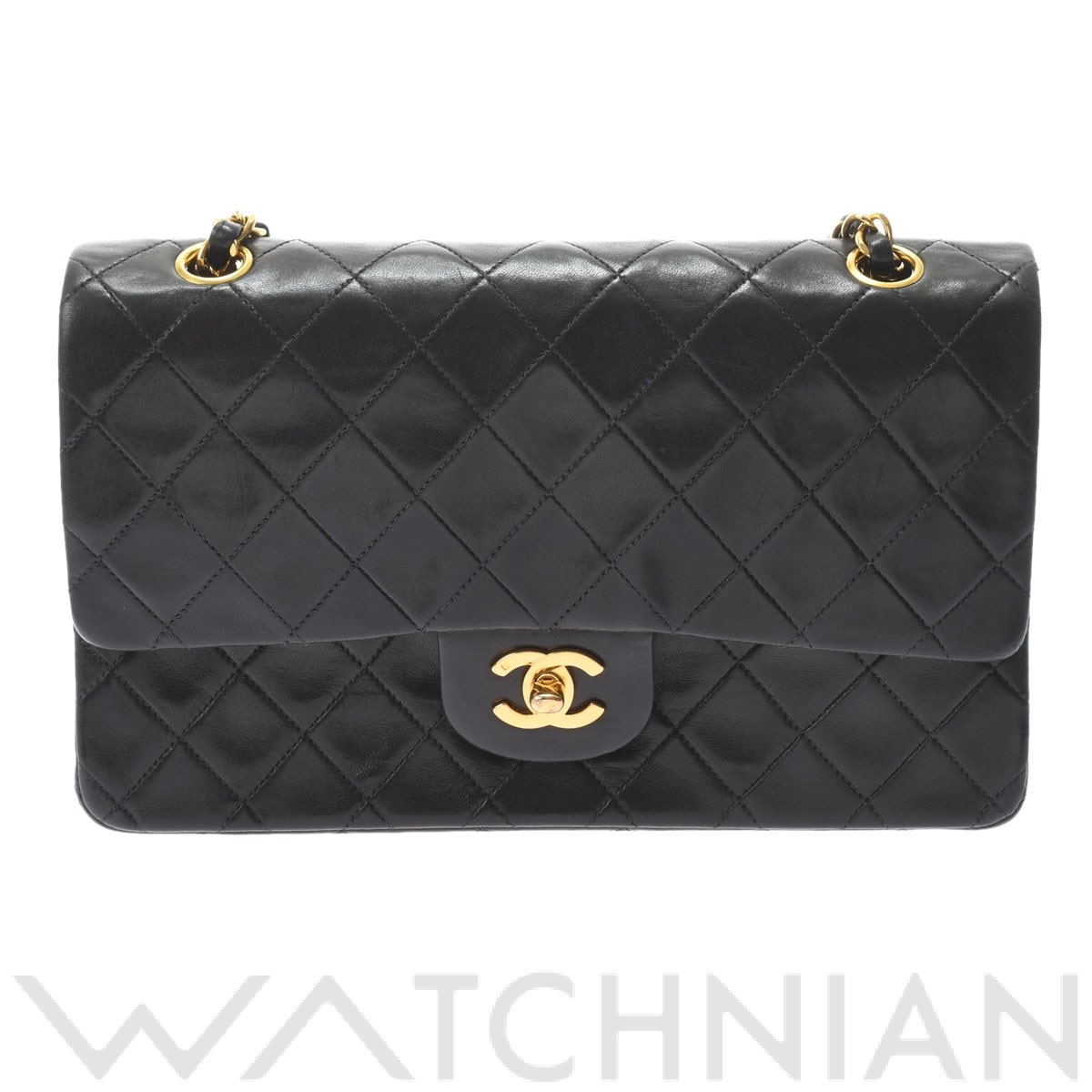 Wフラップ Wチェーンショルダー 25 ブラック/ゴールド金具 A01112 ラムスキン CHANEL シャネル レディース 【中古】