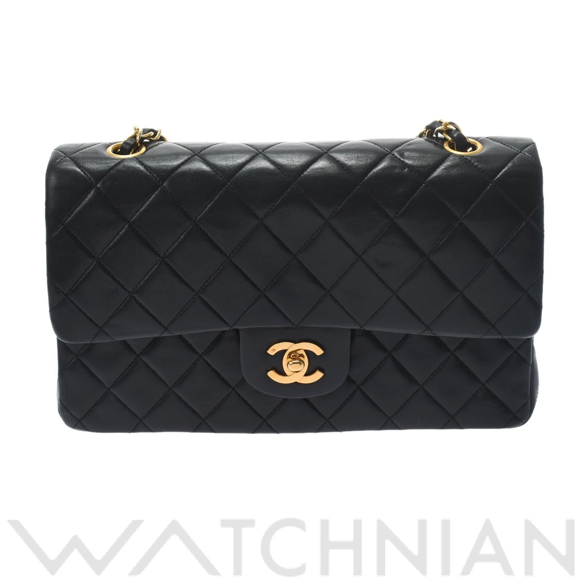 マトラッセ Wフラップチェーンショルダー 25 ブラック/ゴールド金具 A01112 ラムスキン CHANEL シャネル レディース 【中古】