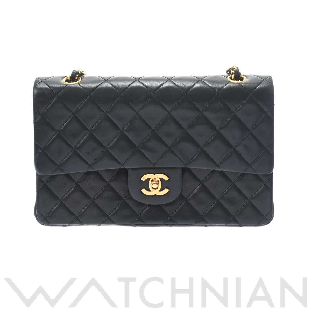 マトラッセ Wフラップチェーンショルダー 25 ブラック/ゴールド金具 A01112 ラムスキン CHANEL シャネル レディース 【中古】