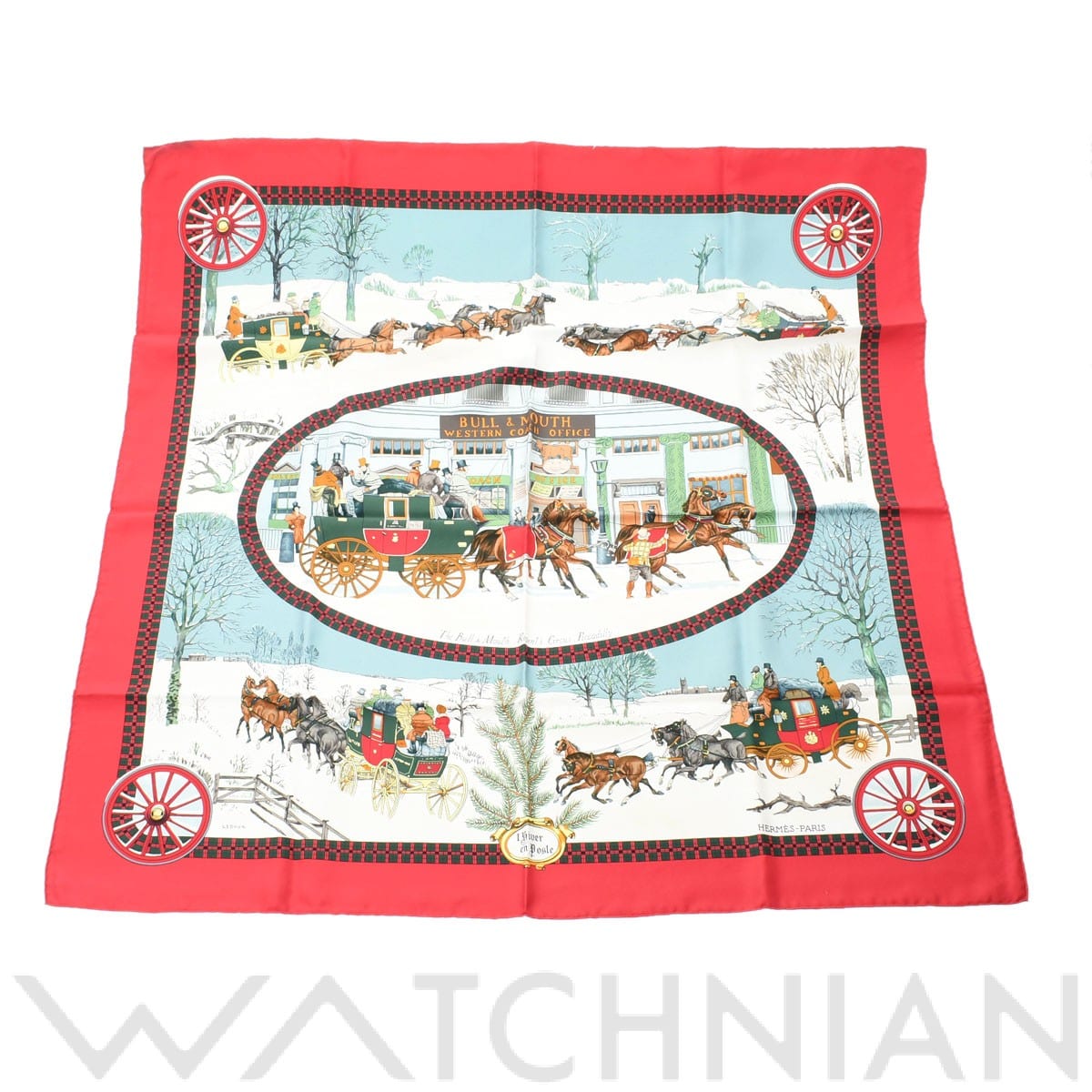 エルメス / HERMES カレ 90 L'Hiver en Poste アイボリー/レッド シルク100％ レディース 【中古】【other】