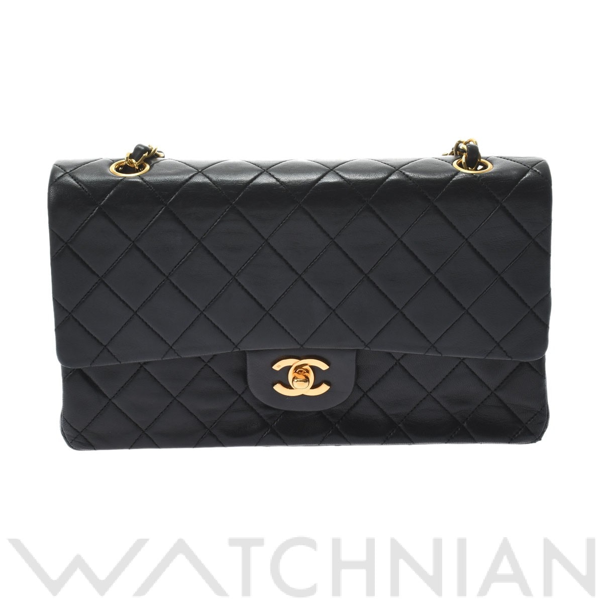 マトラッセ Wフラップ Wチェーン チェーンショルダー 25 ブラック/ゴールド金具 A01112 ラムスキン CHANEL シャネル レディース 【中古】
