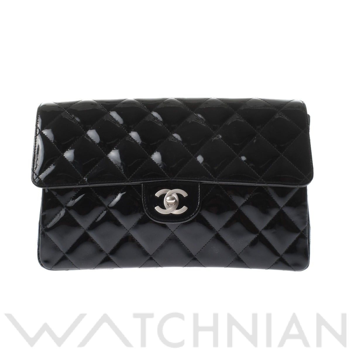 シングルフラップ チェーンショルダー ブラック/シルバー金具 パテントカーフスキン CHANEL シャネル レディース 【中古】