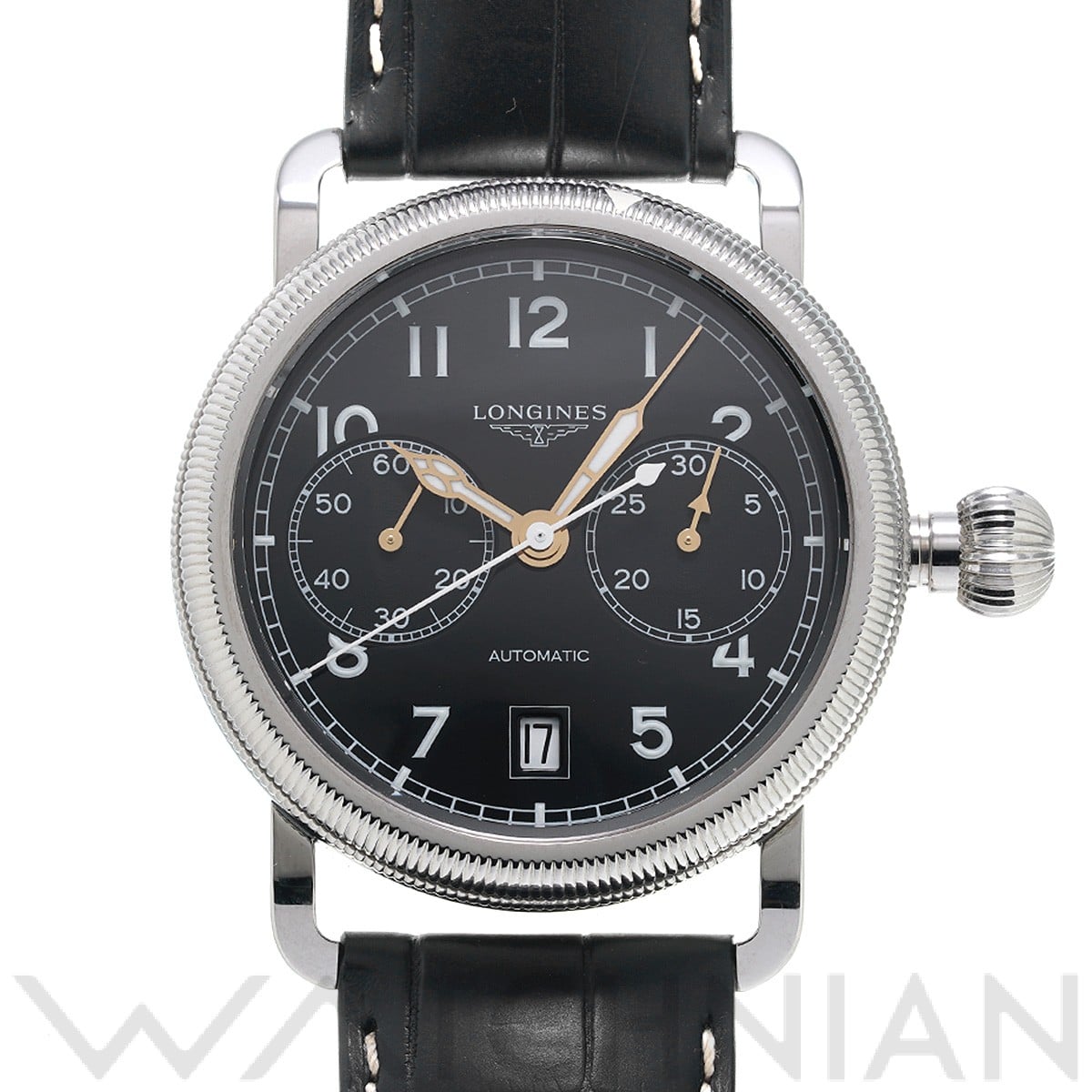 ヘリテージ アヴィゲーション オーバーサイズ クラウン クロノグラフ L2.783.4.53.0 ブラック ロンジン LONGINES メンズ 【中古】