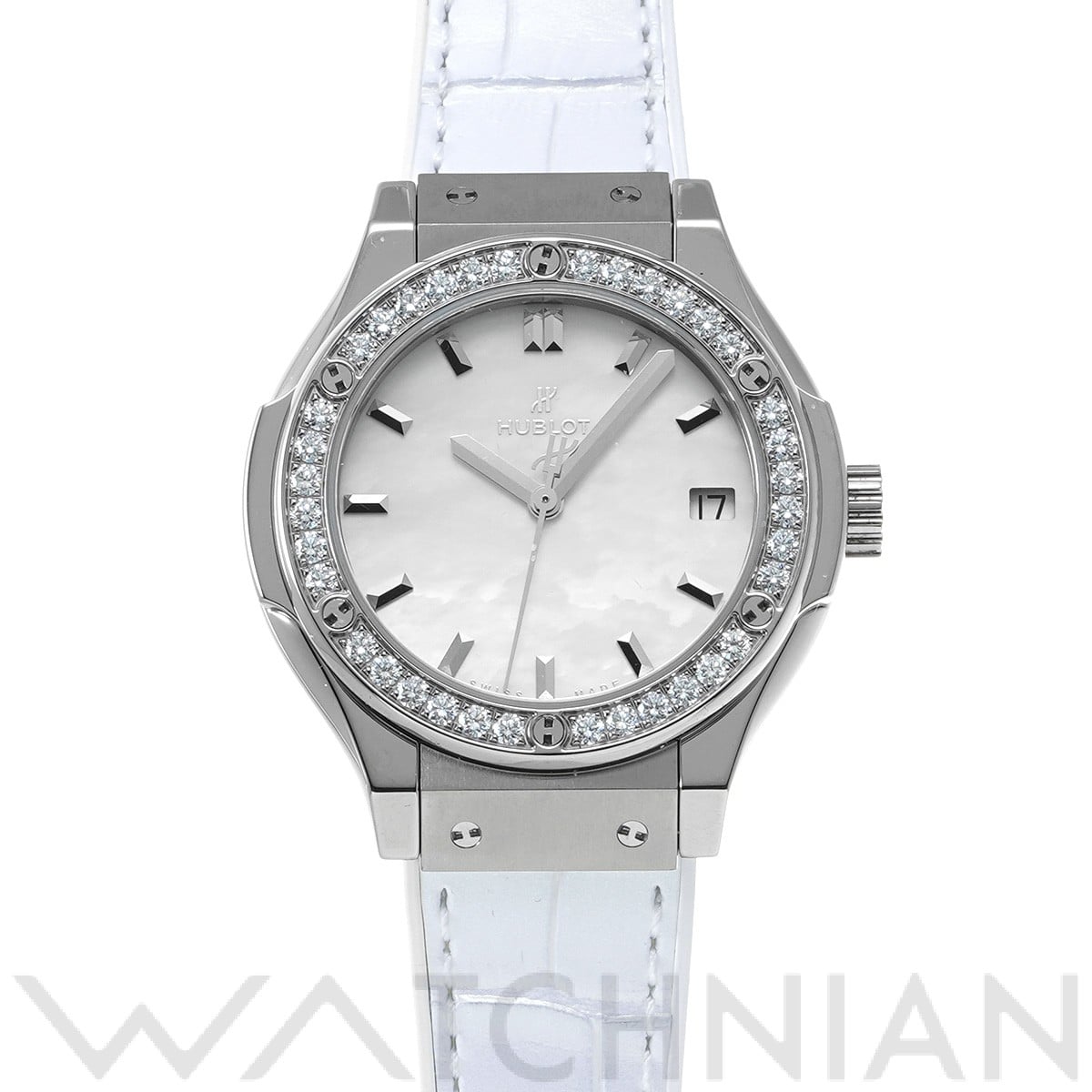 クラシックフュージョン チタニウム パールホワイト ダイヤモンド 581.NE.6070.LR.1204.JPN16 ホワイトシェル ウブロ HUBLOT レディース 【中古】
