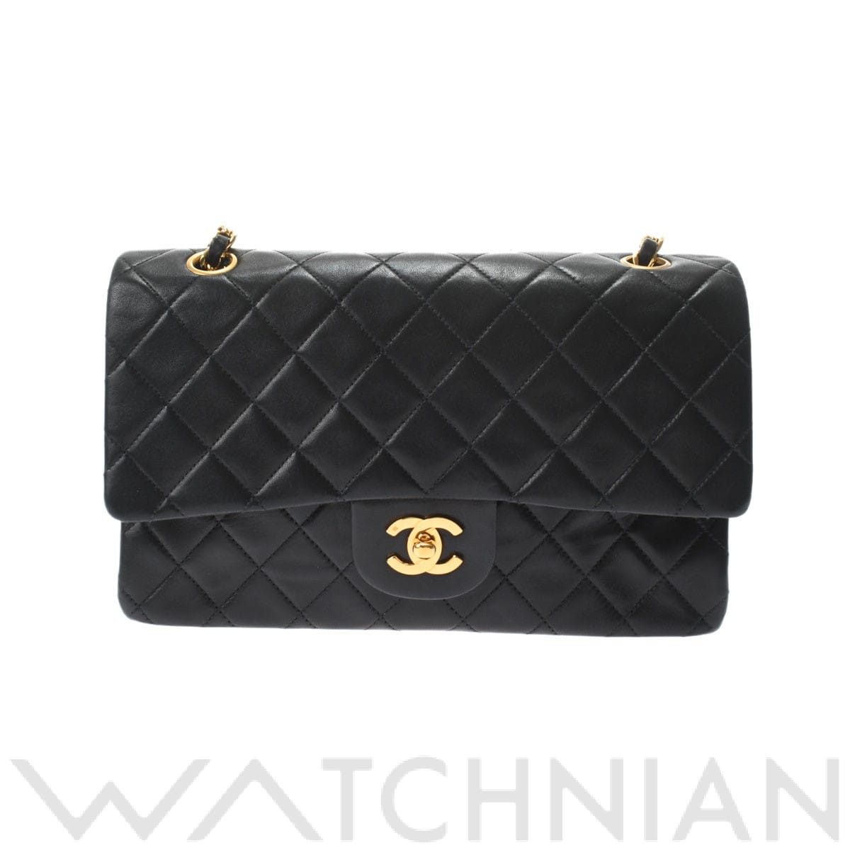 マトラッセ WフラップWチェーンショルダー25 ブラック/ゴールド金具 A01112 ラムスキン CHANEL シャネル レディース 【中古】