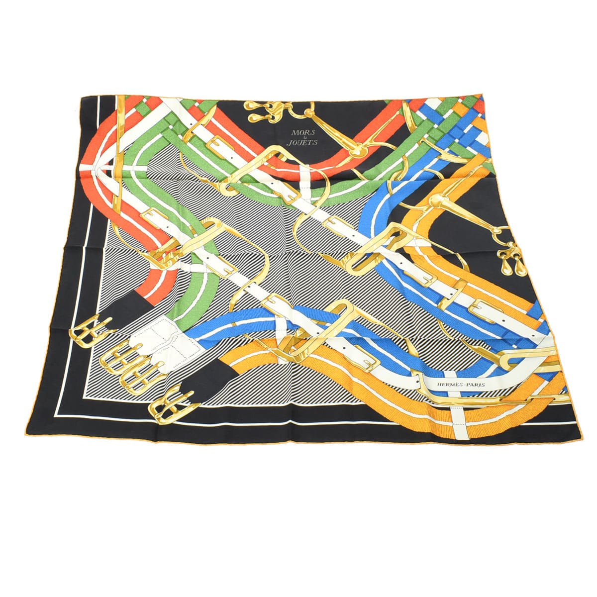 エルメス / HERMES カレ ウォッシュ90 Jouets Chemise Detail ブラック/イエロー シルク100％ レディース 【中古】【other】