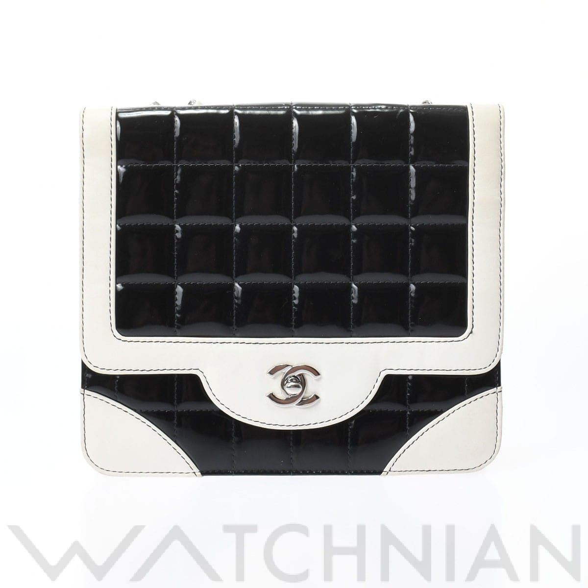 シャネル チョコバー チェーンショルダー ブラック/ホワイト/シルバー金具 パテントレザー レディース バッグ 【中古】【bag】