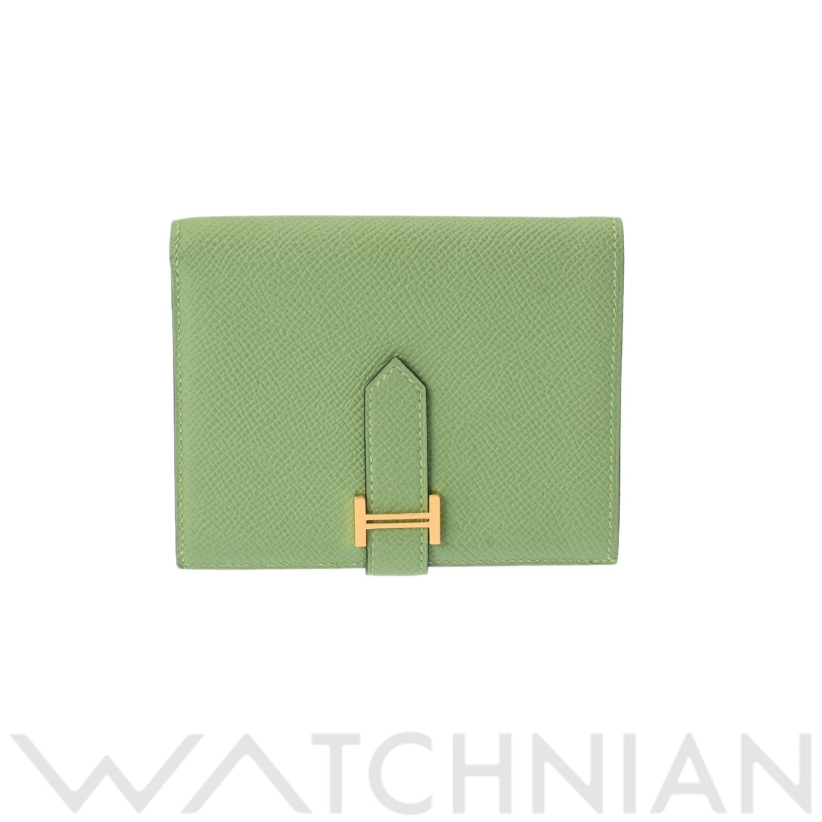 エルメス ベアン コンパクト ヴェールクリケット/ブルーブリュム/ゴールド金具 ヴォーエプソン ユニセックス 財布 【中古】【purse】