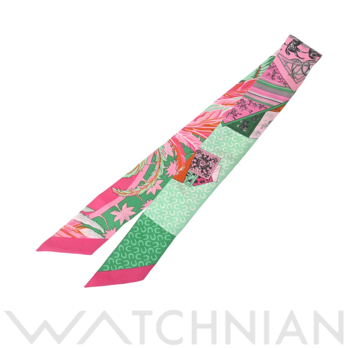 エルメス ツイリー Cheval Phoenix ピンク/グリーン シルク100％ レディース 【中古】【other】