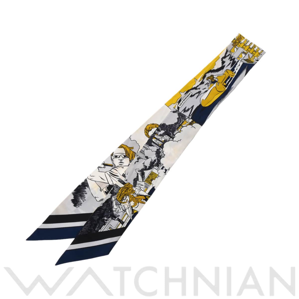 エルメス ツイリー WOW IM MARINE ブルー/イエロー シルク100％ レディース 【中古】【other】