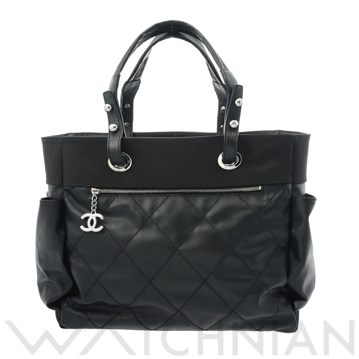 シャネル パリビアリッツトート GM ブラック/シルバー金具 A34210 コーティングキャンバス レディース バッグ 【中古】【bag】