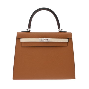 エルメス ケリー 25 外縫い トリコロール ゴールド/クレ/ブラック/ブルーサフィール ヴォーエプソン レディース バッグ 【未使用】【bag】