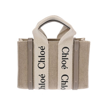 クロエ WOODY ミニトートバッグ ベージュ/ライトグレー リネンキャンバス/シャイニーカーフ レディース バッグ 【中古】【bag】