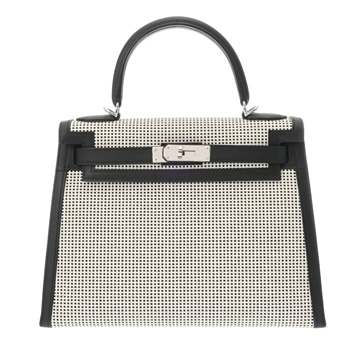 エルメス ケリー 28 外縫い 2WAY ブラック/ホワイト トワルキャドリーユ/ヴォースイフト レディース バッグ 【中古】【bag】