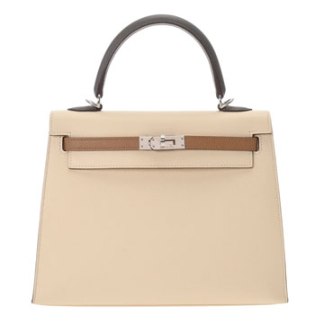 エルメス ケリー25 外縫い トリコロール ナタ/チャイ/グリメイヤー ヴォーエプソン レディース バッグ 【中古】【bag】